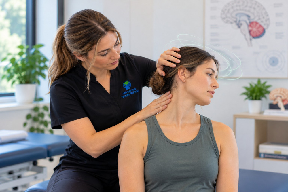 Physiotherapist assessing a client's neck to identify and manage cervicogenic dizziness, supporting improved neck function, balance and symptom relief.