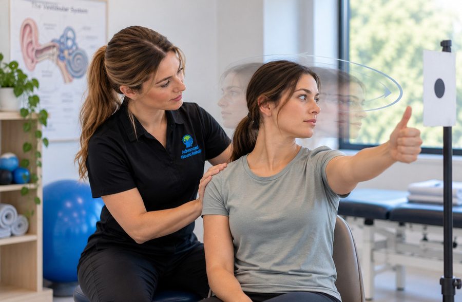 Physiotherapist guiding a client through vestibular rehabilitation exercises to improve gaze stability, balance and dizziness following vestibular neuritis.