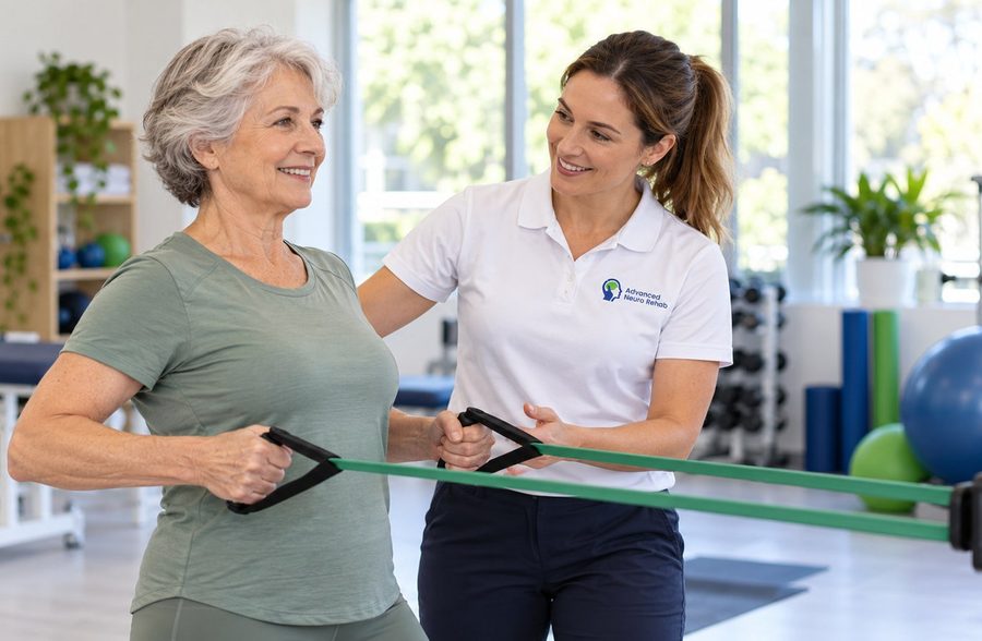 Practitioner guiding client through resistance exercise