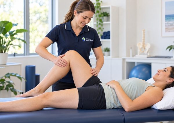 Practitioner assessing client hip