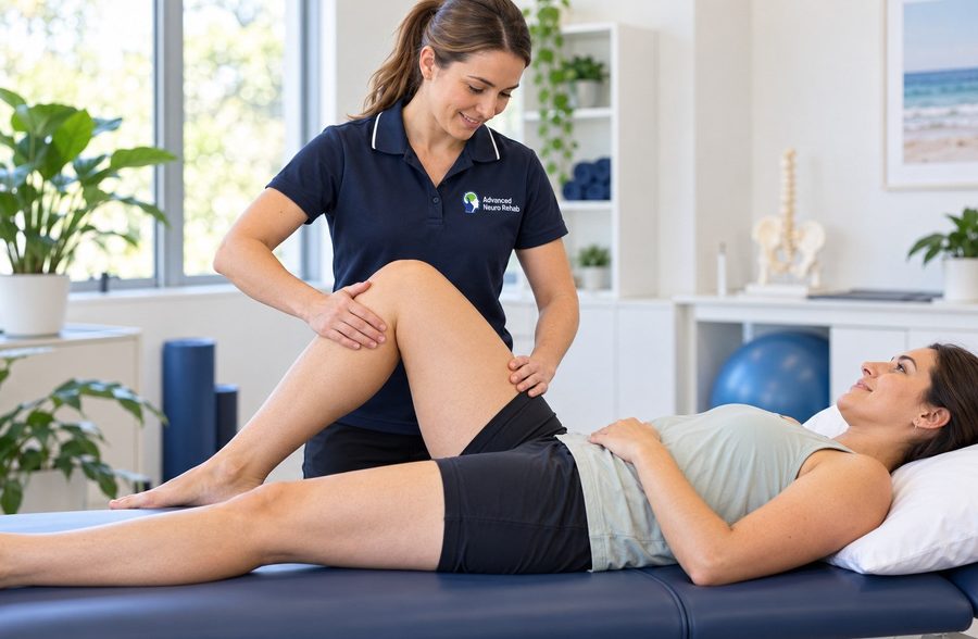 Practitioner assessing client hip