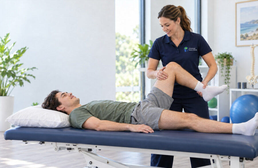 A physiotherapist in an Advanced Neuro Rehab polo moves a patient's knee through range while he lies on a treatment table.