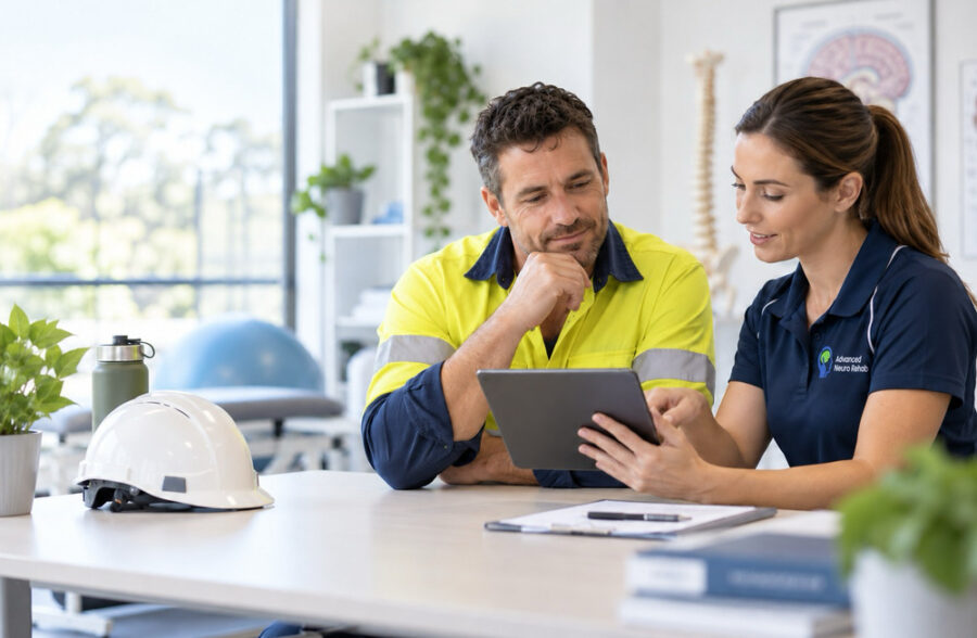 A physiotherapist reviews a return-to-work plan on a tablet with a worker in a high-visibility shirt, his hard hat on the desk.