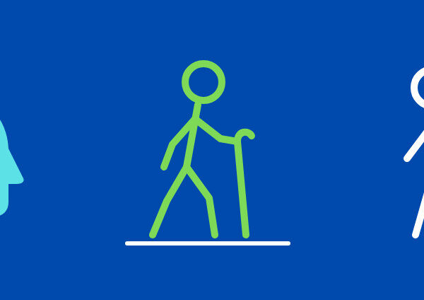 An illustration of a head with a brain, a person walking with a stick, and two people holding hands.