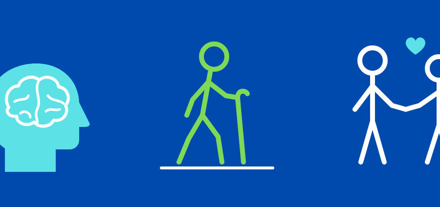 An illustration of a head with a brain, a person walking with a stick, and two people holding hands.