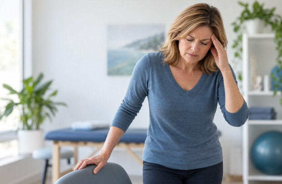 A woman in a physiotherapy clinic rests one hand against her temple and steadies herself on the back of a chair with the other.
